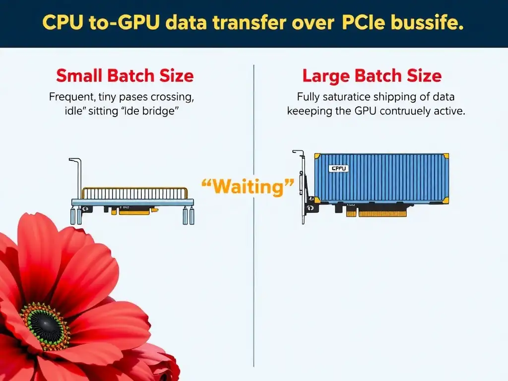 The image should depict two scenarios of CPU-to-GPU data transfer over a PCIe bus. The first scenario (Small Batch Size) shows frequent, tiny data packets crossing the bridge, with the GPU sitting idle ("Waiting") between transfers. The second scenario (Large Batch Size) shows a single, large shipping container of data crossing the bridge, fully saturating the PCIe lane and keeping the GPU continuously active ("Computing").