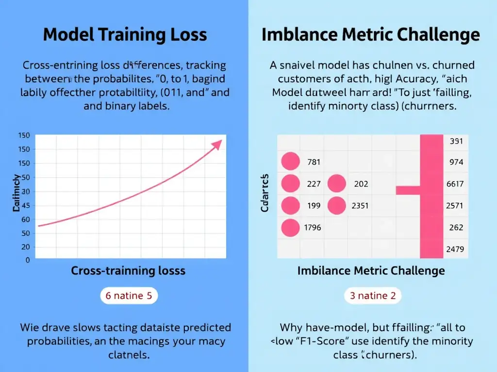 The image should show a split visualization. The left side illustrates "Model Training Loss" showing cross-entropy loss tracking the difference between predicted probabilities (0 to 1) and binary labels. The right side illustrates an "Imbalance Metric Challenge" showing a skewed dataset of active vs. churned customers, highlighting why a naive model has high "Accuracy" but a low "F1-Score" due to failing to identify the minority class (churners).