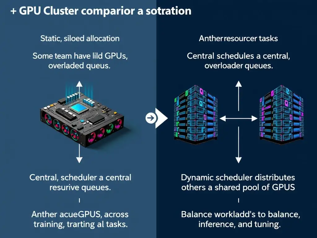 A comparison diagram showing two GPU cluster scenarios: one with static, siloed allocation where some teams have idle GPUs and others have overloaded queues, and another with dynamic resource allocation where a central scheduler dynamically distributes a shared pool of GPUs to balance the workload across training, inference, and tuning tasks.