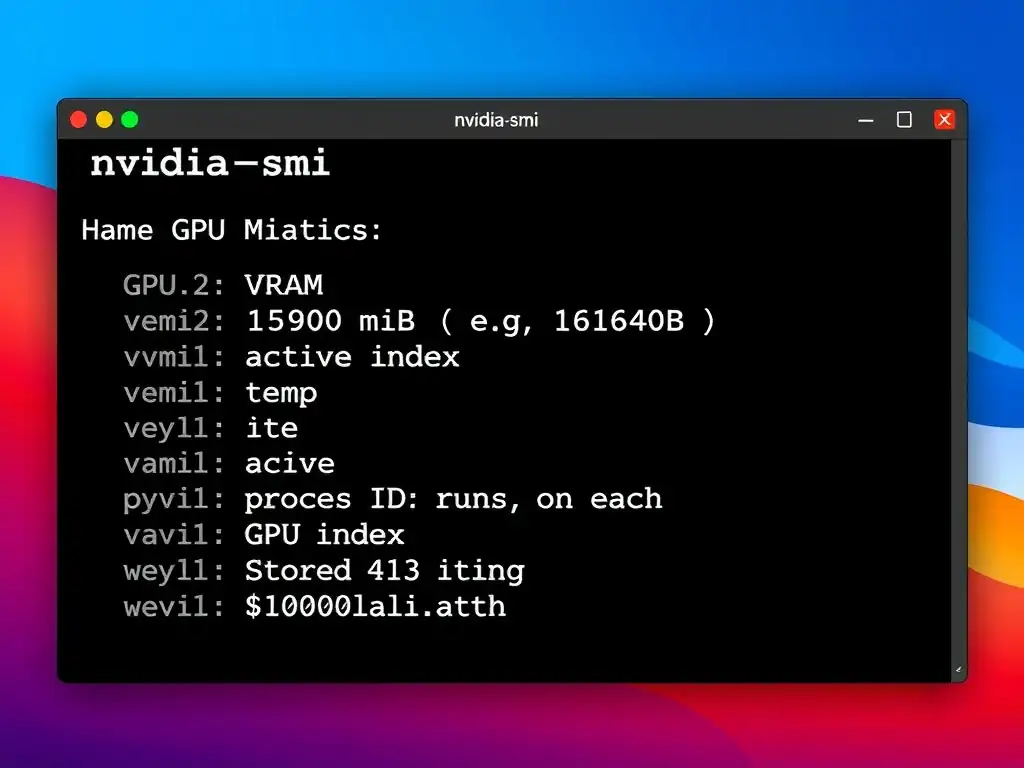 A mock terminal screen displaying the output of the 'nvidia-smi' command, highlighting key metrics such as GPU utilization percentage, VRAM usage (e.g., 15800MiB / 16160MiB), temperature, and active process IDs running on each GPU index.