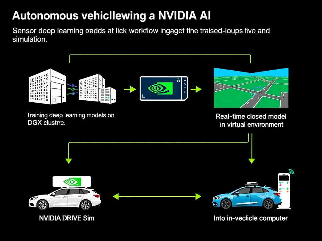 A visual showing the workflow of autonomous vehicle development using NVIDIA AI: from sensor data ingestion, to training deep learning models on a DGX cluster, to real-time closed-loop simulation in a virtual environment (NVIDIA DRIVE Sim), and finally deploying the trained model onto the in-vehicle computer.