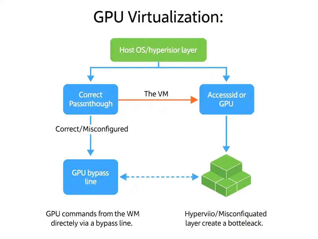 A diagram illustrating GPU virtualization: a host OS/hypervisor layer sitting above physical hardware. It shows a 'Correct Passthrough' path where the VM accesses the GPU directly via a bypass line, and an 'Incorrect/Misconfigured' path where GPU commands from the VM are routed through hypervisor emulation layers, creating a bottleneck.