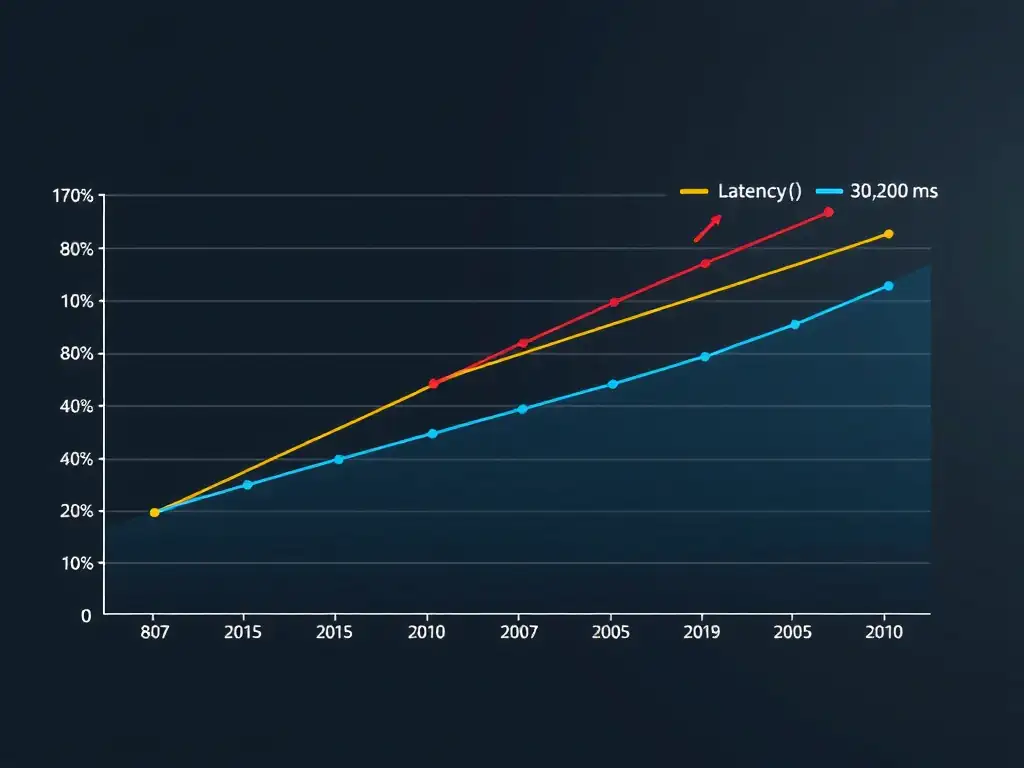 A dual-axis line chart showing a 30-day timeline on the X-axis. The left Y-axis represents 'Accuracy (%)' (ranging from 80% to 100%), and the right Y-axis represents 'Latency (ms)' (ranging from 0 to 200 ms). Two colored lines show the trends over time, illustrating a correlation where a spike in latency aligns with a dip in accuracy.
