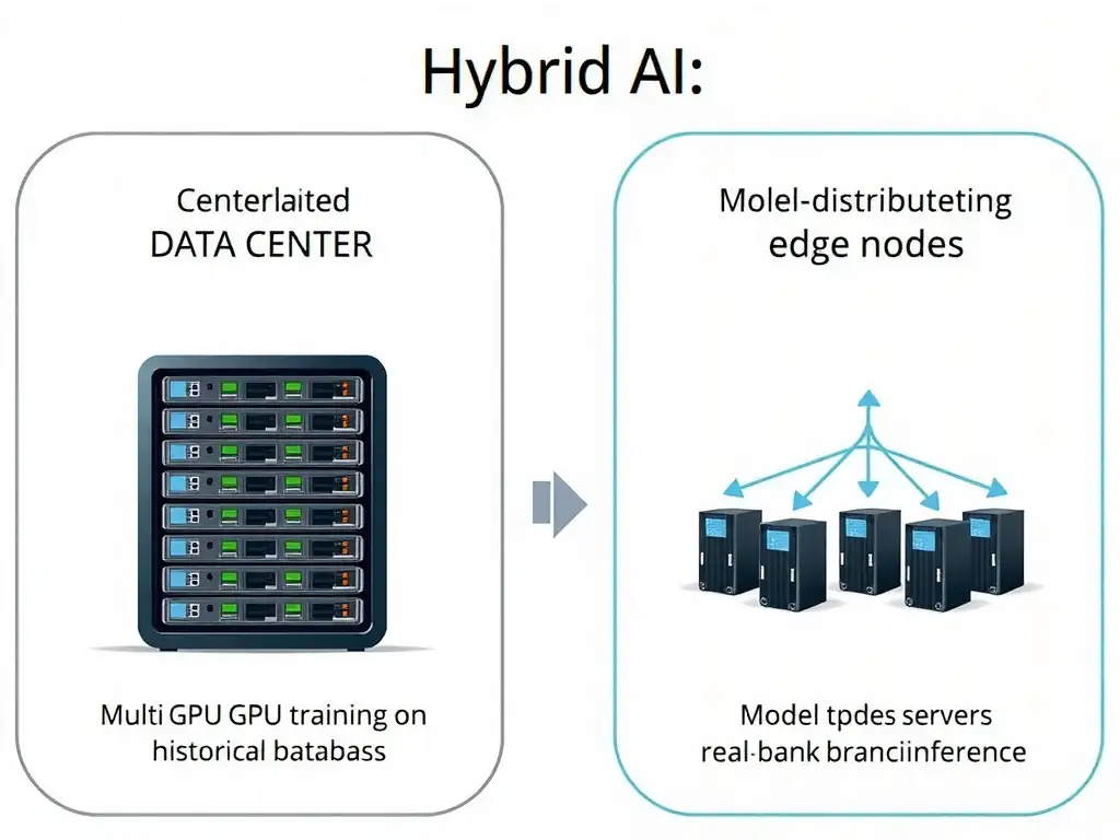 An architectural diagram showing a hybrid AI setup: on the left, a centralized data center containing a cluster of multi-GPU servers running model training on historical databases; on the right, distributed edge nodes (or bank branch servers) running real-time transaction inference, with an arrow showing model updates being deployed from the center to the edge.