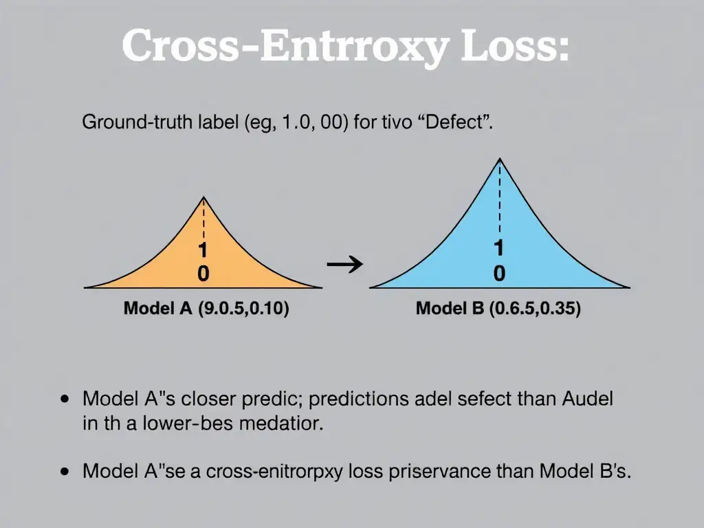A diagram explaining cross-entropy loss: showing a ground-truth label (e.g., [1, 0] for 'Defect') compared to two different model prediction probability outputs (Model A: [0.90, 0.10], Model B: [0.65, 0.35]). It illustrates how Model A's closer prediction results in a lower cross-entropy loss value (better performance) than Model B's.
