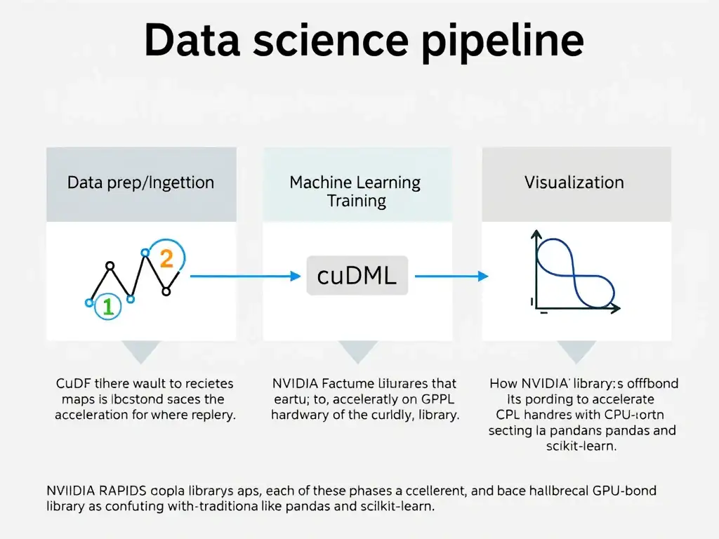 A diagram showing the data science pipeline phases: Data Prep/Ingestion, Machine Learning Training, and Visualization. The diagram illustrates how NVIDIA RAPIDS maps its libraries (cuDF, cuML, cuGraph) to accelerate each of these phases directly on GPU hardware, contrasted with traditional CPU-bound libraries like pandas and scikit-learn.