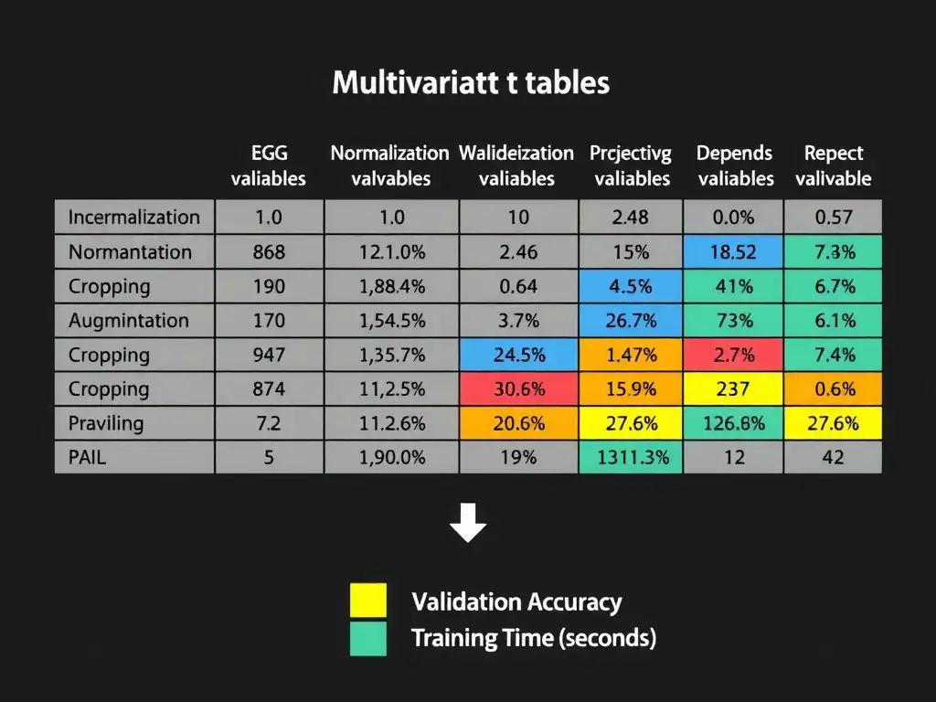 A statistical table showing multivariate regression analysis results, with independent variables (e.g., Normalization, Augmentation, Cropping) in rows, and columns for coefficients, p-values, and significance markers pointing to dependent variables like 'Validation Accuracy' and 'Training Time (seconds)'.