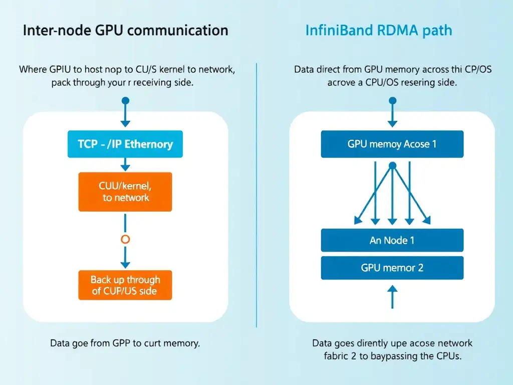 A diagram illustrating inter-node GPU communication. It compares two paths: a TCP/IP Ethernet path where data goes from GPU to host memory, to CPU/OS kernel, to network, and back up through the CPU/OS on the receiving side; and an InfiniBand RDMA path where data goes directly from GPU memory on Node 1 across the network fabric to GPU memory on Node 2, bypassing the CPUs.