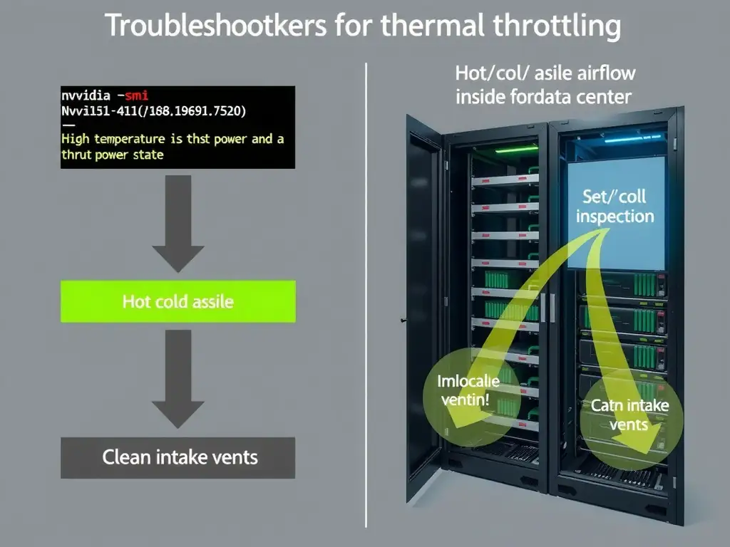 The image should show the relationship between GPU thermal metrics (monitored via CLI tools like nvidia-smi) and physical data center airflow constraints, highlighting how restricted hot/cold aisle containment leads to thermal throttling and clock speed degradation.