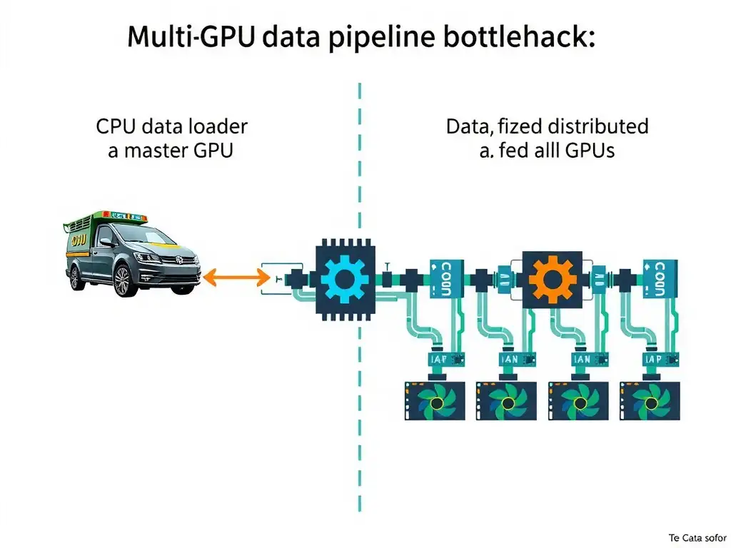The image should depict a multi-GPU data pipeline bottleneck, showing a CPU data loader feeding a single master GPU which becomes a bottleneck, contrasted with an optimized distributed pipeline where data is evenly sharded and fed parallelly to all GPUs.