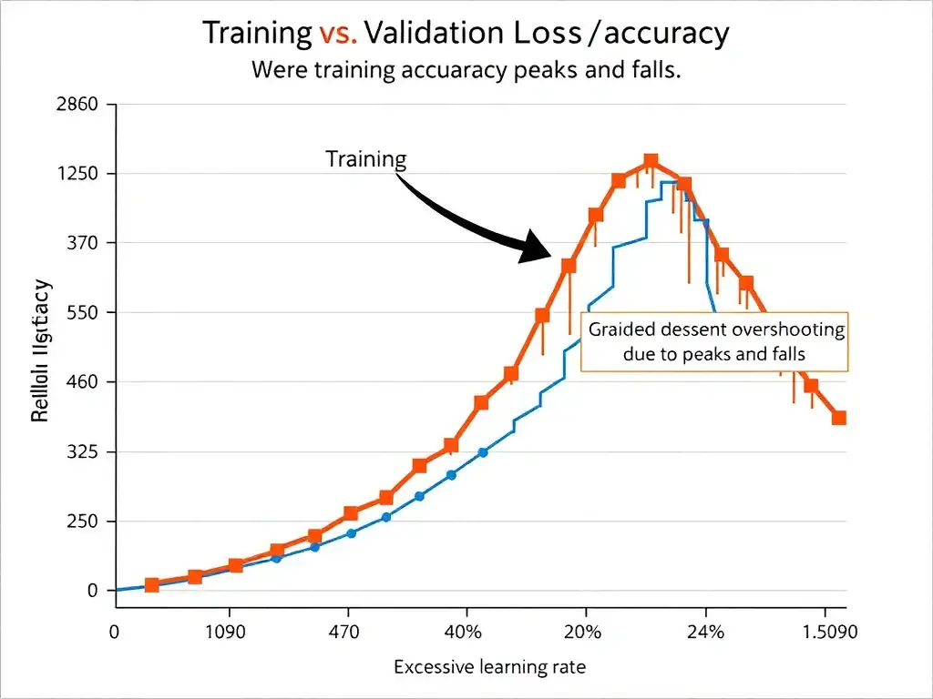 A line graph showing model training metrics over several epochs. The graph plots two curves: 'Training Loss' (which steadily decreases) and 'Validation Loss' (which decreases, plateaus, and then starts to rise, indicating overfitting). An inset diagram illustrates an optimizer overshooting the global minimum due to a high learning rate.