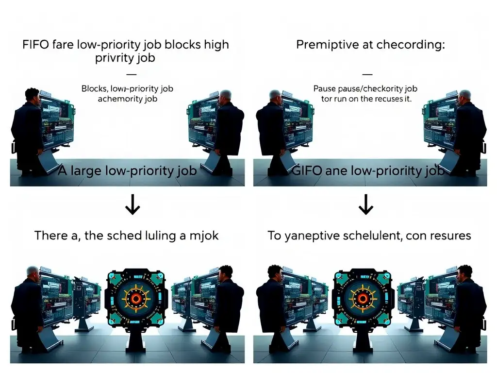 The image should show a comparison between FIFO scheduling (where a large low-priority job blocks a critical high-priority job) and Preemptive scheduling (where the scheduler pauses/checkpoints the low-priority job to let the high-priority job run on the GPUs, then resumes it).