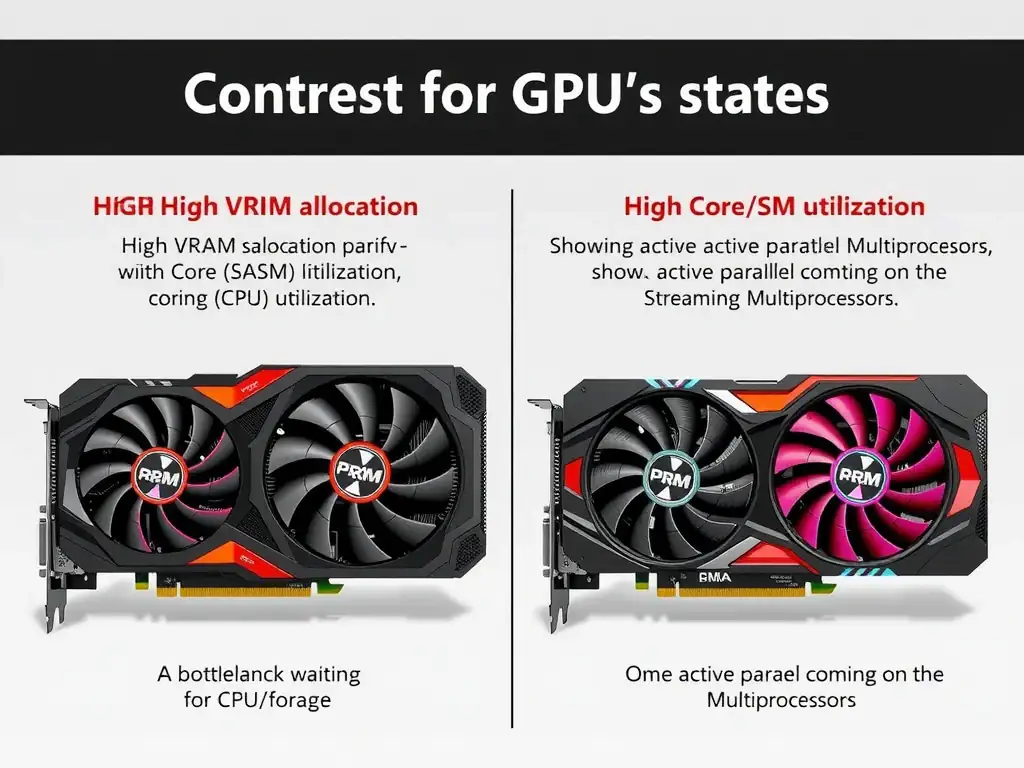 The image should contrast two GPU states: one with high VRAM allocation but low Core (SM) utilization (showing a bottleneck waiting for CPU/storage), and one with high Core (SM) utilization (showing active parallel computing on the Streaming Multiprocessors).