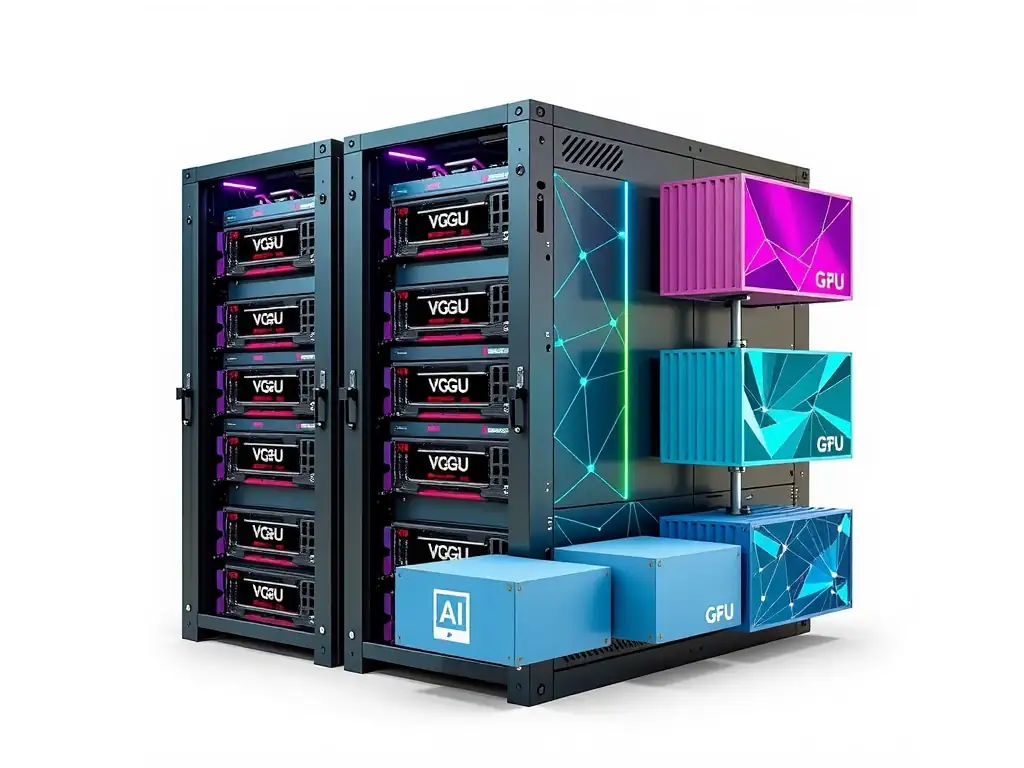 The image should depict a physical server rack containing GPU nodes abstracted by a virtualization/vGPU hypervisor layer, showing how it splits or aggregates resources to feed various isolated VMs and containerized AI workloads.