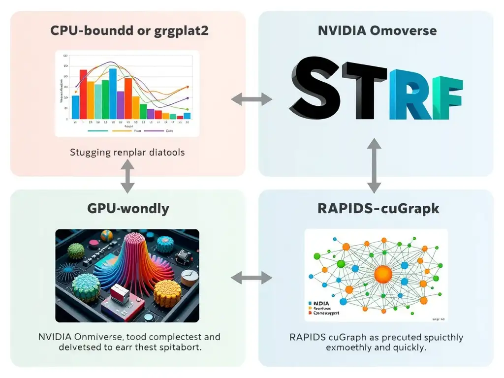 The image should show a dual comparison of GPU-accelerated visualization workflows: one pane showing RAPIDS cuGraph mapping millions of network nodes instantly, and the other showing NVIDIA Omniverse rendering a photorealistic 3D physical simulation in real-time.