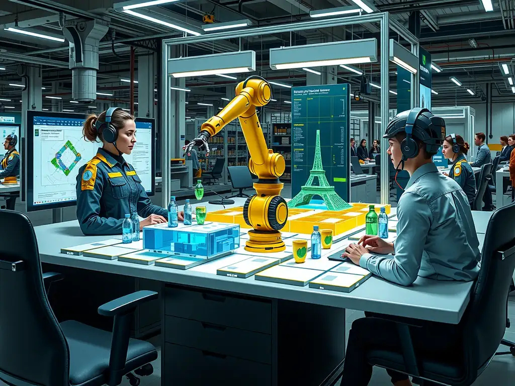 The image should depict the collaborative architecture of NVIDIA Omniverse, showing users from different departments (robotics, CAD design, AI) connected via USD connectors to a central, real-time 3D digital twin of a factory floor.