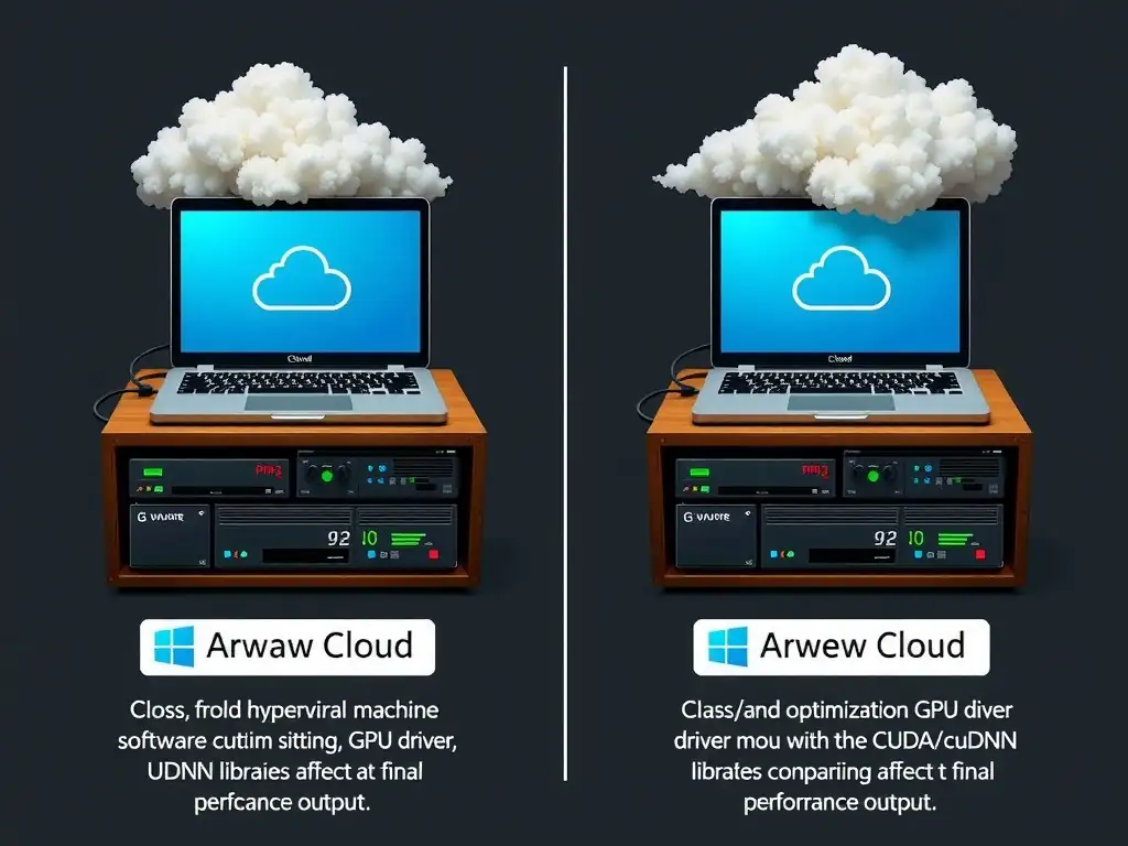 The image should show a comparison of two cloud virtual machine software stacks sitting on identical GPU hardware, illustrating how differences in the hypervisor optimization, GPU driver version, and CUDA/cuDNN libraries affect the final performance output.