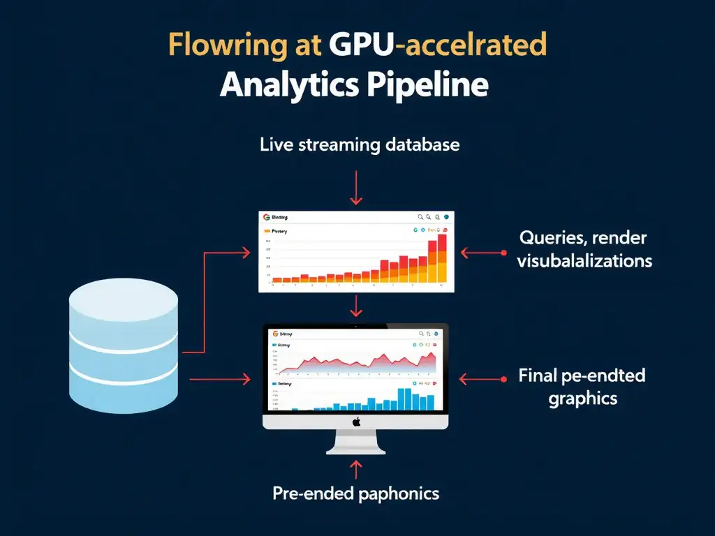 The image should show a flow diagram of a GPU-accelerated analytics pipeline: live streaming data enters a GPU-accelerated database, which queries and renders visualizations directly in GPU memory, sending the final pre-rendered dashboard graphics to the user interface.