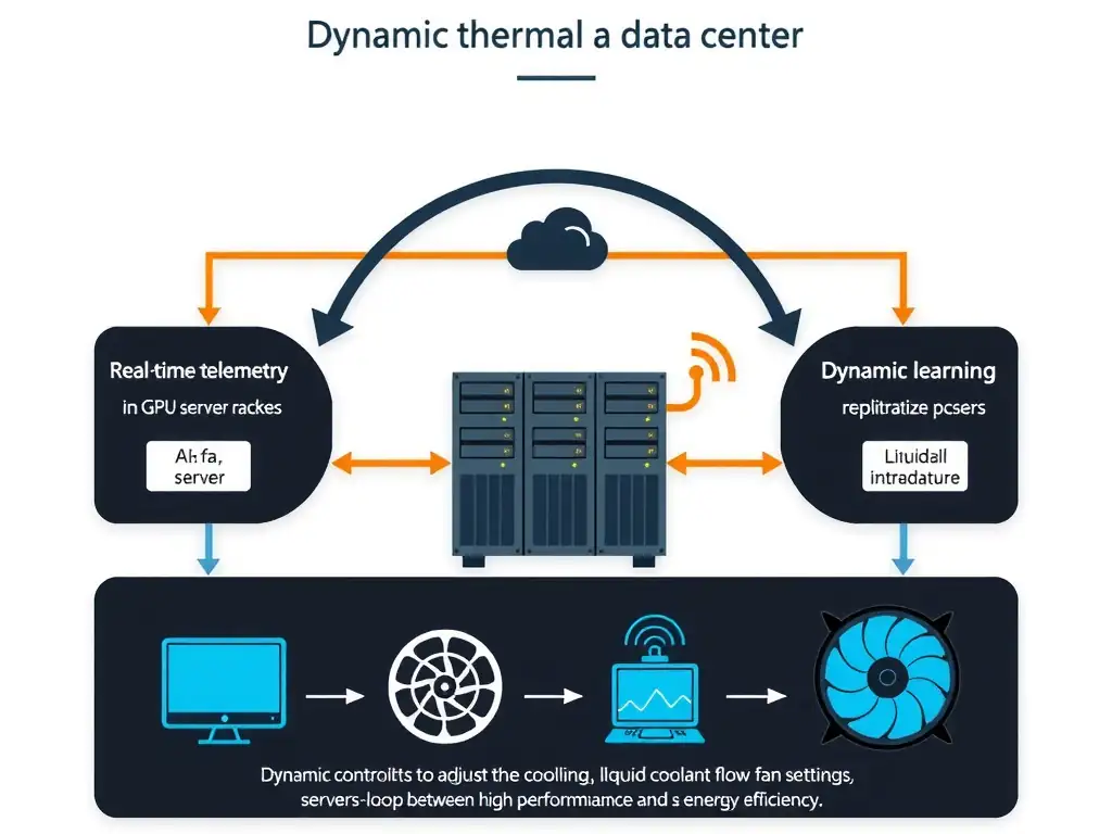 An architectural diagram illustrating an AI-driven dynamic thermal management system in a data center. The image should show real-time telemetry flow from GPU server racks (measuring temperature, power load, and utilization) to a central machine learning controller. The controller then outputs dynamic control signals to adjust the cooling infrastructure (liquid coolant flow and fan speeds) and server power settings, maintaining a closed-loop balance between high performance and energy efficiency.