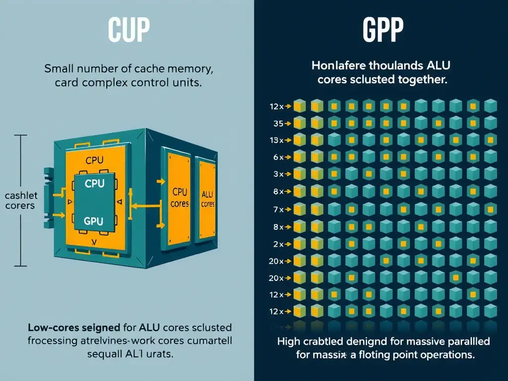 A side-by-side comparison diagram of CPU and GPU architectures. The CPU side should show a small number of large cores, cache memory, and complex control units, highlighting low-latency sequential processing. The GPU side should show a grid of thousands of small ALU cores clustered together, indicating a high core density designed for massive parallel floating-point operations.