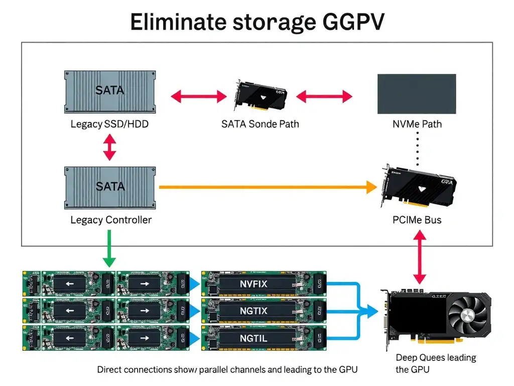 An architectural diagram demonstrating the data flow from storage to GPU. It should compare a legacy storage path (SATA SSD/HDD through a legacy controller with high latency and narrow queues) against an optimized NVMe path (direct connection via the PCIe bus, showing parallel channels and deep queues leading to the GPU), highlighting how the NVMe path eliminates the I/O bottleneck.