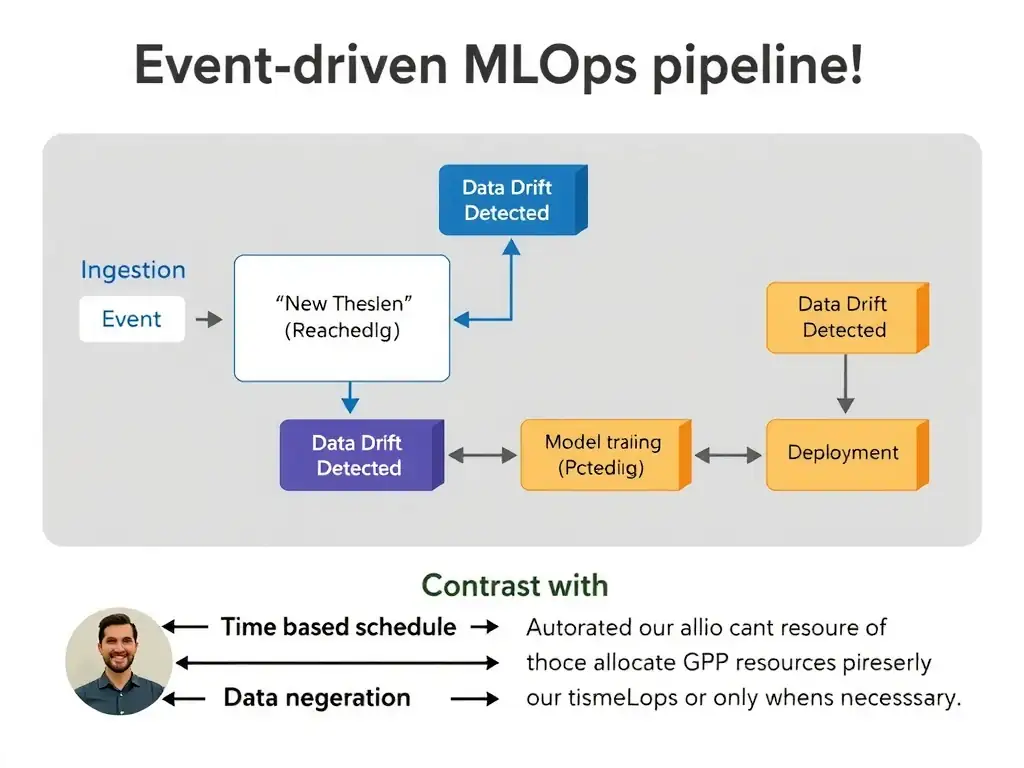 A flowchart of an event-driven MLOps pipeline. The diagram shows data ingestion triggering an event (e.g., 'New Data Threshold Reached' or 'Data Drift Detected'), which automatically starts the data preprocessing, model training on a GPU cluster, model validation, and deployment steps. It should contrast this with a time-based schedule, showing how the event-driven system dynamically allocates GPU resources only when necessary.