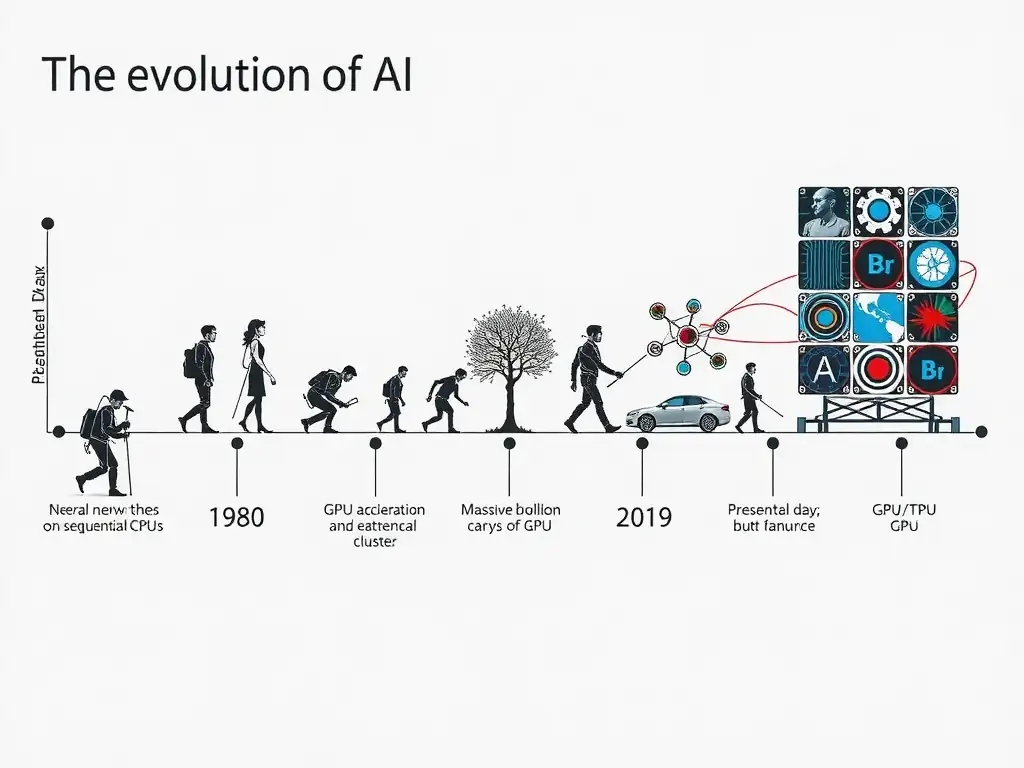 A historical timeline diagram showing the evolution of AI. The timeline highlights key milestones: 1980s (theoretical neural network algorithms running slowly on sequential CPUs), 2010s (the introduction of GPU acceleration enabling parallel computing and CUDA), and the present day (massive transformer models running on GPU/TPU clusters). The diagram should visually contrast the sequential bottleneck of CPUs against the parallel throughput of GPUs/TPUs.