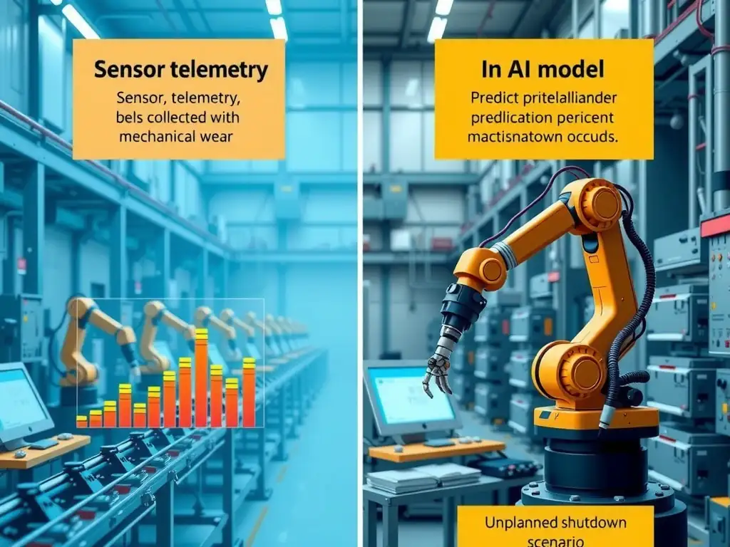 An infographic representing an industrial manufacturing plant. On one side, it shows sensor telemetry (vibration, heat, sound) being collected from assembly-line robotic arms. On the other side, an AI model processes this data to predict mechanical wear, generating a scheduled maintenance ticket before a breakdown occurs, contrasted with an unplanned shutdown scenario.