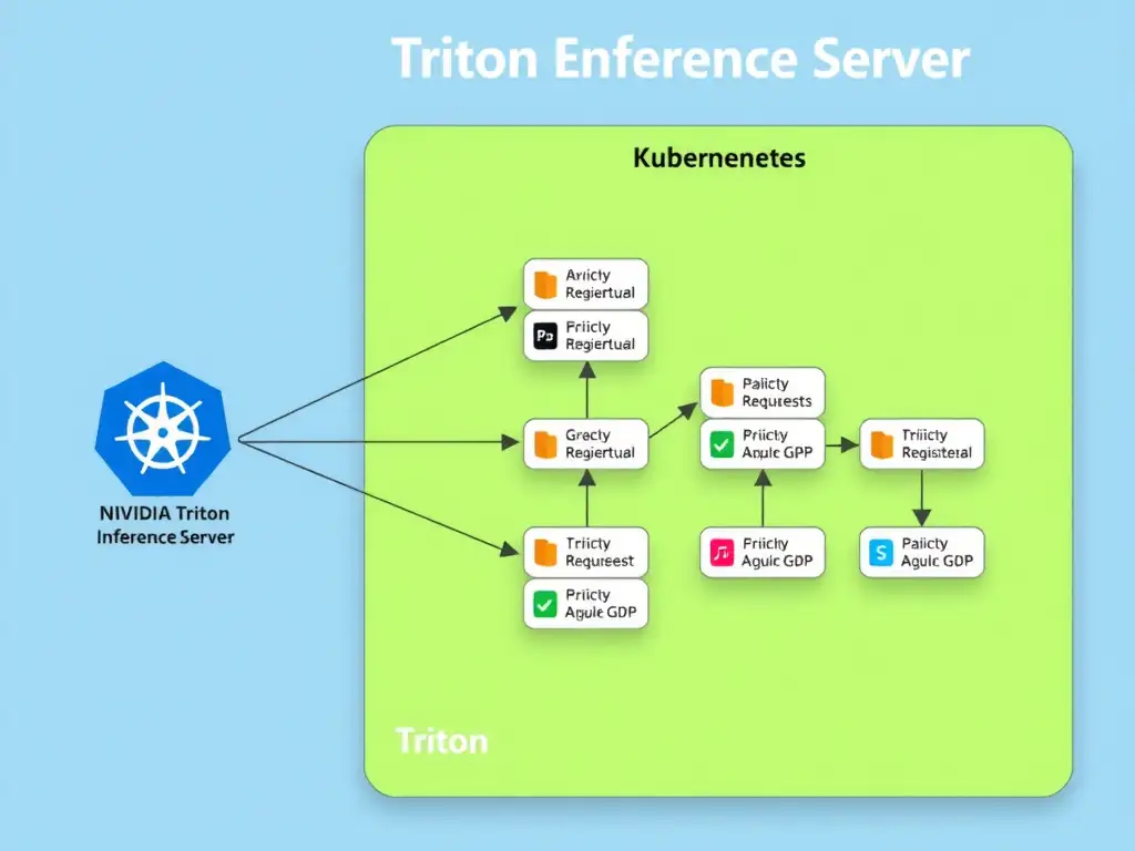 A schematic diagram of NVIDIA Triton Inference Server operating in a Kubernetes cluster. The diagram shows multiple individual, real-time client requests arriving at the Triton server. Triton's scheduler holds requests for a microsecond-scale delay window to group them into a dynamic batch before executing them simultaneously on the GPU, resulting in stable, low-latency execution and high GPU utilization.