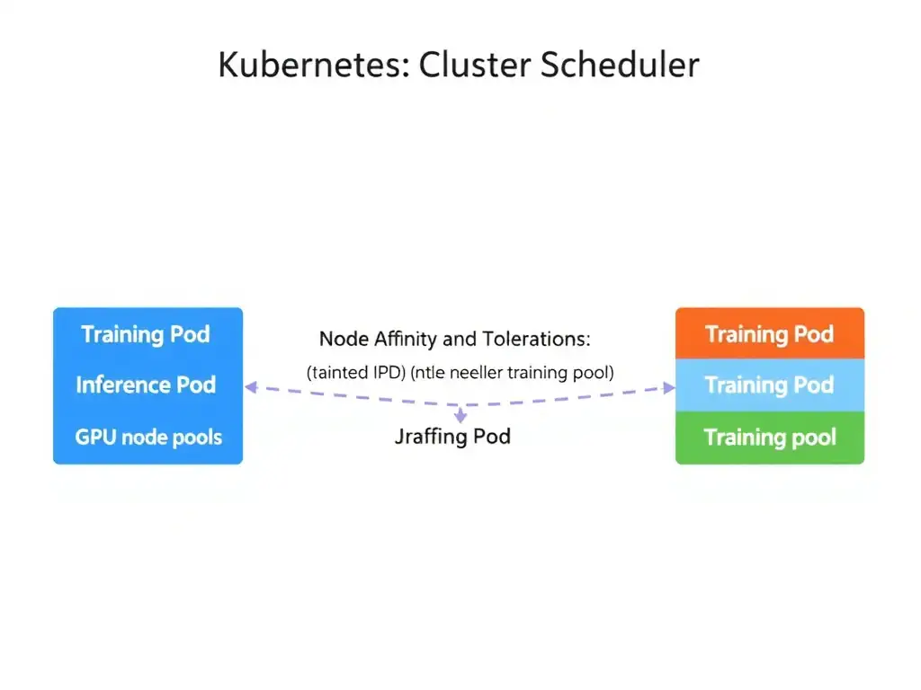 A diagram of a Kubernetes cluster scheduler routing pods to GPU nodes. On one side, it shows a 'Training Pod' and an 'Inference Pod'. In the middle, the scheduler evaluates Node Affinity and Tolerations. On the right, two GPU node pools are shown: one pool is tainted for 'Inference Only' (repelling the training pod), and the other is labeled for 'Training'. The diagram shows the Inference Pod being routed to the inference pool and the Training Pod routed to the training pool.