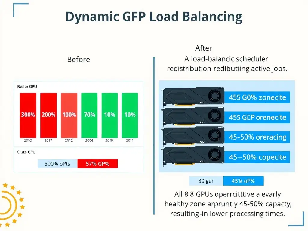 An operations dashboard visual illustrating dynamic GPU load balancing. On the left side (Before), the dashboard shows a cluster of 8 GPUs where 3 are highlighted in red at 100% capacity and 5 are in green at 10% capacity. On the right side (After), a load-balancing scheduler redistributes the active jobs, showing all 8 GPUs operating evenly in a healthy blue zone at approximately 45-50% capacity, resulting in lower processing times.