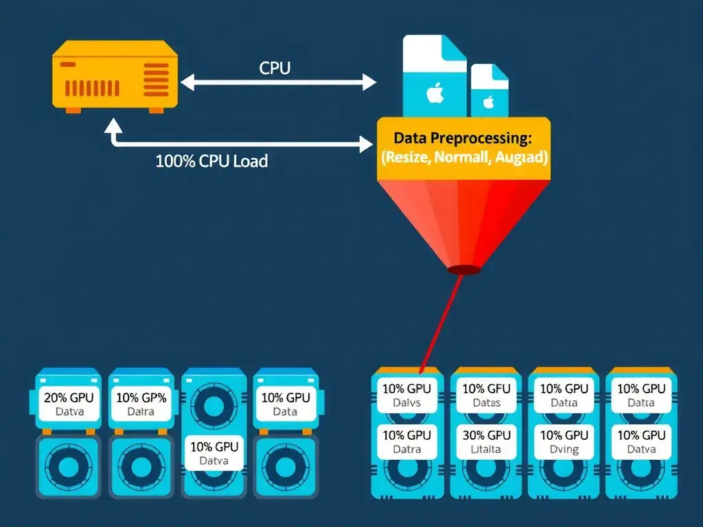 A diagram illustrating a data pipeline bottleneck in a GPU server. It shows a storage drive feeding raw image files to a CPU block. The CPU block is labeled 'Data Preprocessing (Resize, Normalize, Augment)' and is depicted as a congested funnel colored in hot red with a '100% CPU Load' badge. The funnel output feeds a tiny trickle of preprocessed data to a large array of GPUs, which are colored in cool blue with '10% GPU Utilization' badges, indicating they are starving for data.