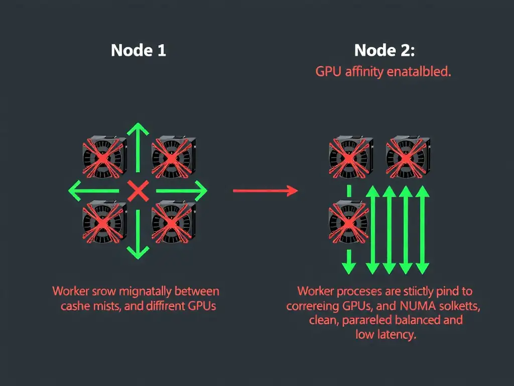 A diagram showing two nodes in a cluster. Node 1 shows worker processes migrating randomly between CPU sockets and different GPUs (red crossed arrows showing cache misses and PCIe bus congestion). Node 2 shows GPU affinity enabled, where worker processes are strictly pinned to their corresponding GPUs and local NUMA sockets (clean, parallel green arrows showing balanced load and low latency).