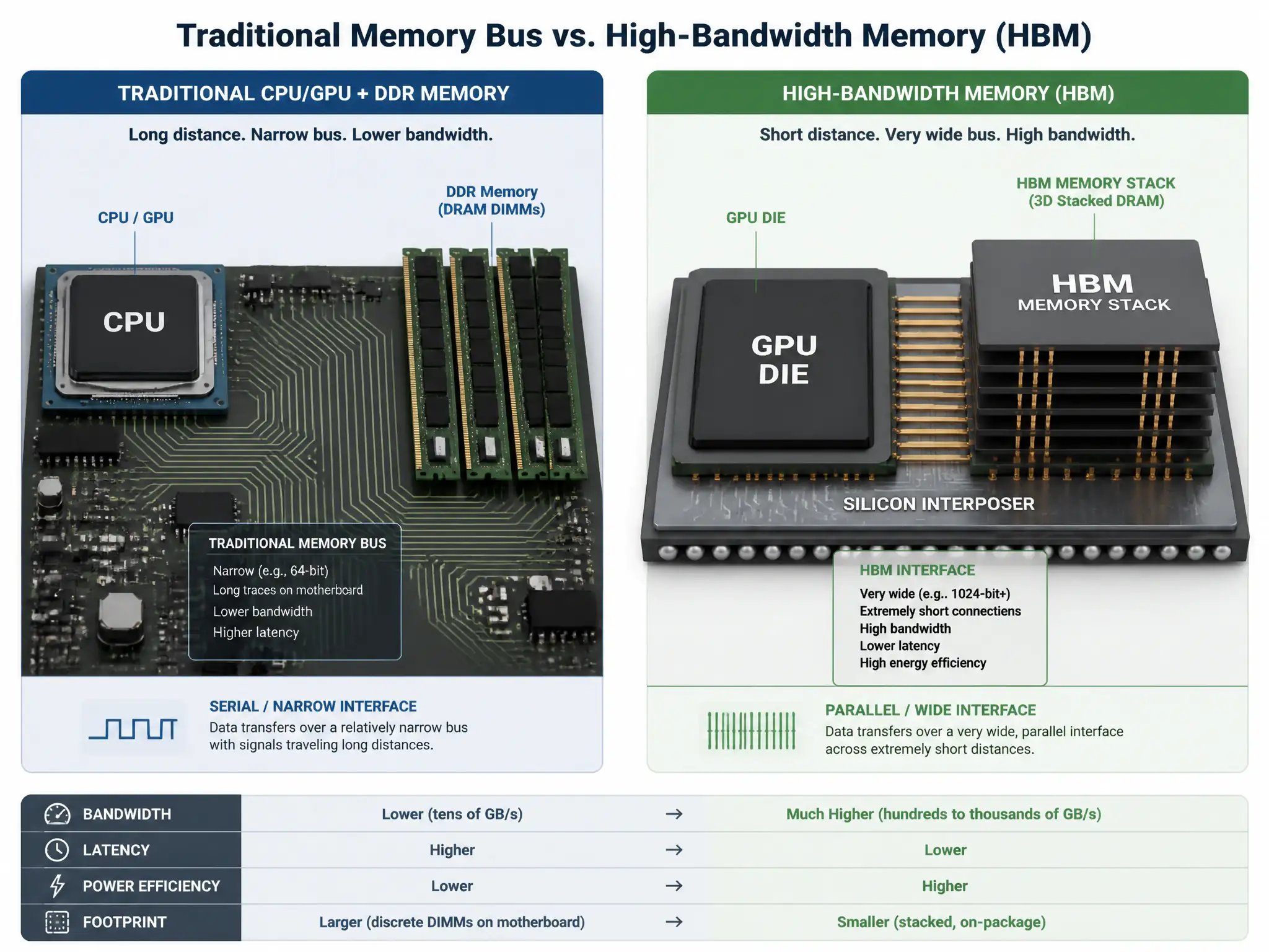 A conceptual diagram comparing a traditional CPU/GPU memory bus with High-Bandwidth Memory (HBM). The traditional side shows a CPU separated from DDR memory sticks by long motherboard traces. The HBM side shows a GPU die and stacked memory chips sitting directly on a shared silicon interposer with short, parallel connections representing high-speed, parallel data paths.