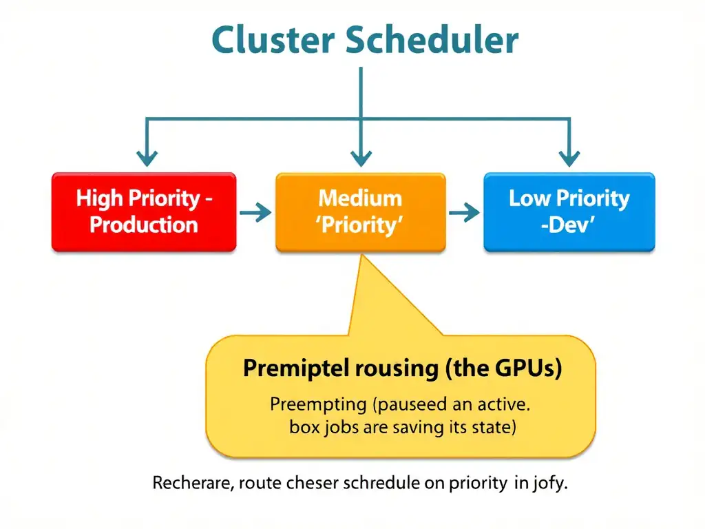 A workflow diagram of a cluster scheduler. Three jobs are queued: a red box ('High Priority - Production'), a yellow box ('Medium Priority'), and a blue box ('Low Priority - Dev'). The scheduler routes the red box to the GPUs, preempting (pausing) an active blue box job and saving its state, illustrating how priority scheduling guarantees resources for critical jobs.
