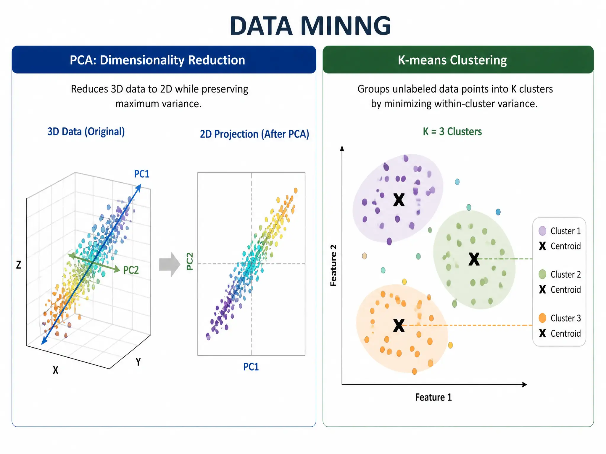 A split diagram representing dataset preprocessing. The left side shows PCA taking a multi-dimensional cloud of data points and projecting it onto a 2D grid of principal component axes. The right side shows K-means clustering taking a 2D scatter plot and grouping the points into three distinct colored clusters centered around calculated centroids.