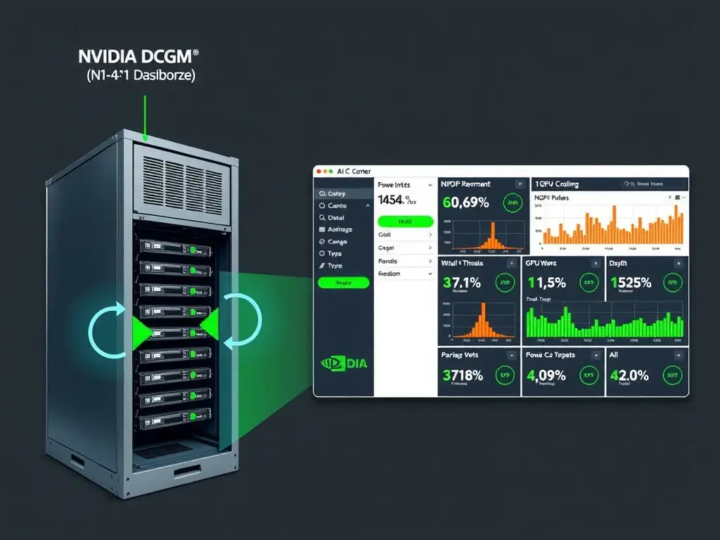 A diagram showing an AI data center rack monitored by NVIDIA DCGM software. One side depicts redundant cooling vents and dual power inputs (N+1 redundancy), while the other side shows a dashboard overlay reporting real-time GPU health, thermals, and power consumption statistics.