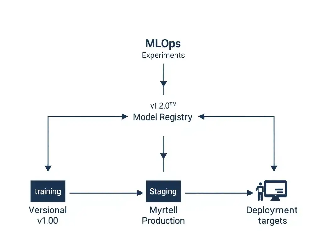 A diagram illustrating the MLOps pipeline flow from training experiments to a centralized Model Registry, showing versioning (v1.0, v2.0), metadata logging, and transition states (Staging, Production) leading to deployment targets.
