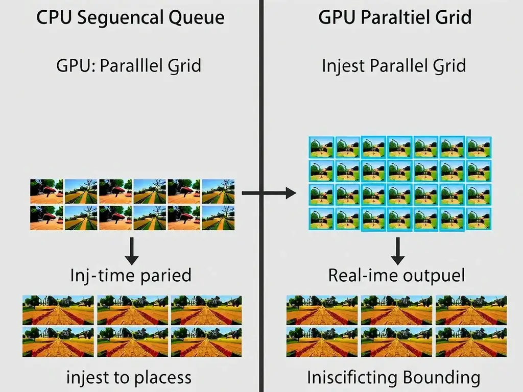 An architectural diagram contrasting a CPU sequential queue versus a GPU parallel grid. The GPU grid should be shown ingesting multiple parallel video frame inputs, processing them through parallel neural network layers, and outputting real-time object classification bounding boxes.