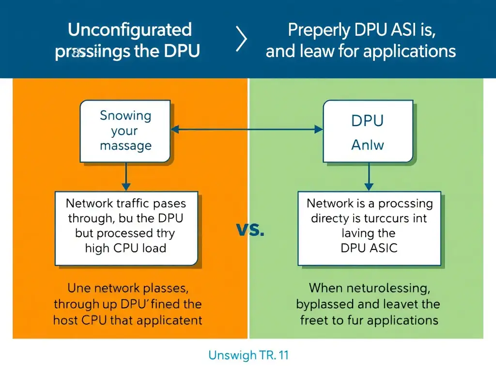 A comparison block diagram showing an unconfigured DPU (where network traffic passes through the DPU but is processed by the host CPU, causing high CPU load) versus a properly configured DPU (where network processing occurs directly on the DPU ASIC, bypassing the host CPU and leaving it free for applications).