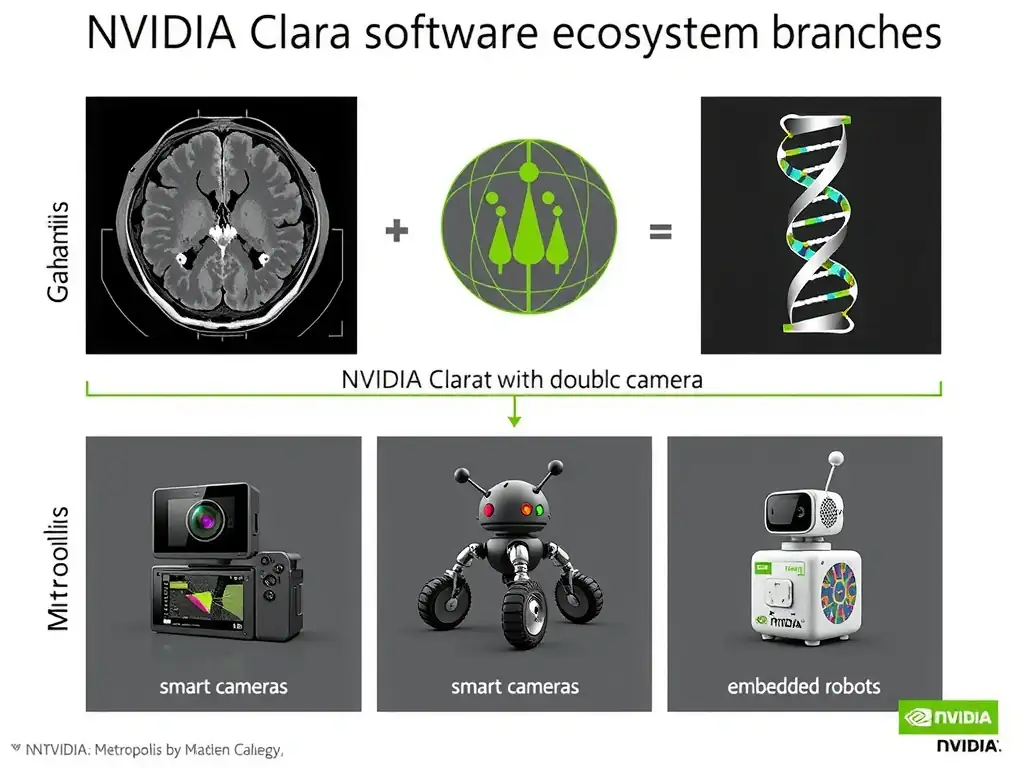 An illustration of the NVIDIA software ecosystem branches, highlighting NVIDIA Clara branching into medical imaging (MRI scans with highlighted organs) and genomics (DNA double-helix sequence processing), alongside distinct branches for Metropolis (smart cameras) and Jetson (embedded robots).