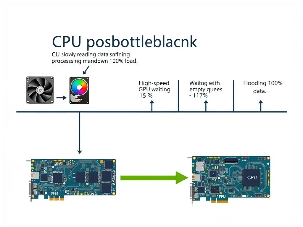 A pipeline flow diagram showing a bottleneck where a CPU is slowly reading data from a hard drive and doing preprocessing (spinning wheel, 100% load), while the high-speed GPU is shown waiting with empty queues (15% utilization). An arrow points to the solution: optimized pipeline using multithreading and fast I/O, flooding the GPU with data (100% utilization).