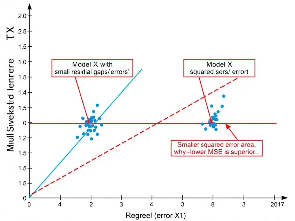 A graph showing actual data points versus two regression lines representing Model X (with small residual gaps/errors) and Model Y (with large residual gaps/errors). Visual callouts point out the smaller squared error area for Model X, showing why a lower MSE is superior.