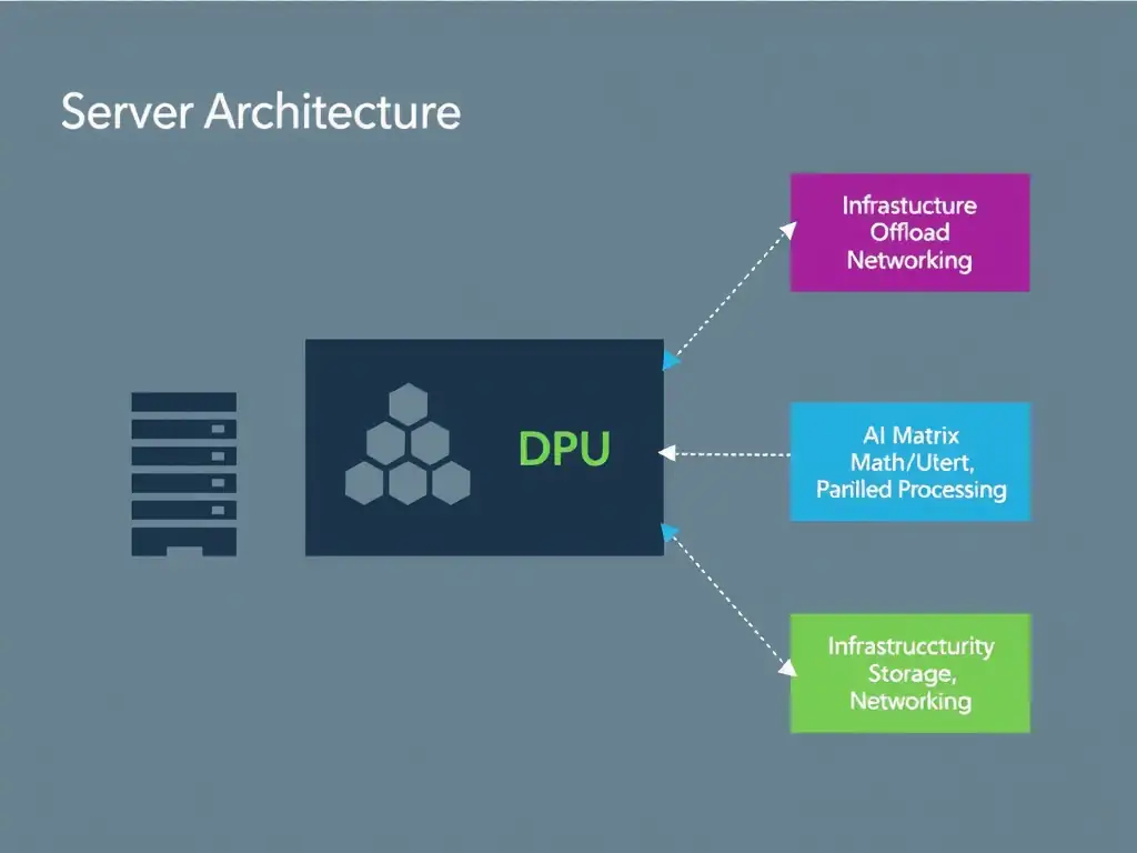 A schematic diagram of a server architecture showing the CPU at the center, connected to a GPU (labeled with AI Matrix Math/Parallel Processing) and a DPU (labeled with Infrastructure Offload: Security, Storage, Networking), demonstrating how each component offloads different work from the CPU.