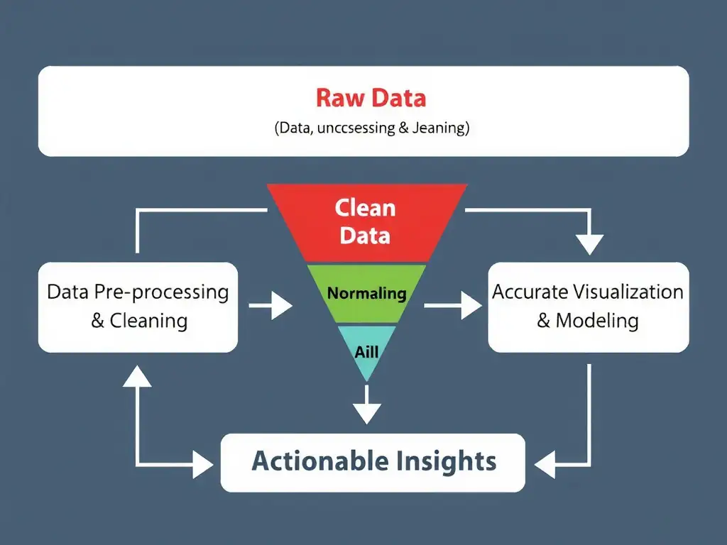 A workflow chart showing 'Raw Data' (dirty, inconsistent) passing through a 'Data Pre-processing & Cleaning' funnel (filters out duplicates, normalizes, fills missing values) resulting in 'Clean Data', which then feeds into 'Accurate Visualization & Modeling' to produce 'Actionable Insights'.