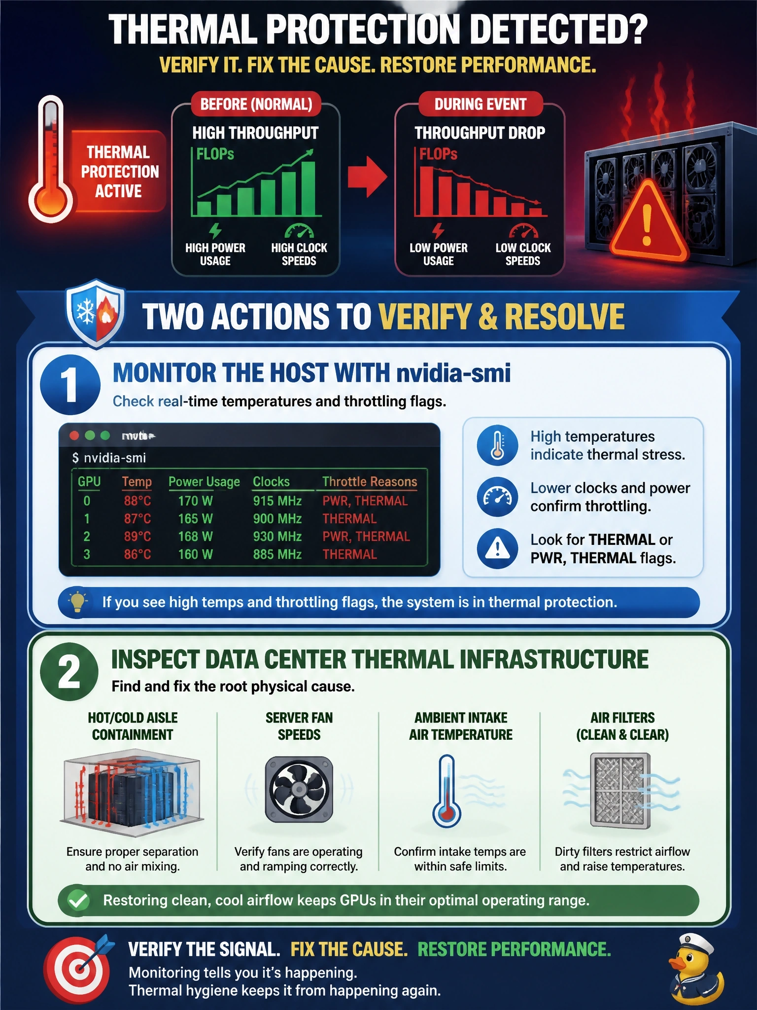 To Create an exciting colorful infographic that explains the concepts in the question: Question: You are supervising an enterprise HPC data center environment running intensive AI training pipelines. During a heavy training run, you notice a massive drop in training throughput (FLOPs) accompanied by a sudden decline in GPU power usage and clock speeds. You suspect that the system is entering a thermal protection state. Which two methods should you implement to verify this condition and resolve the root physical cause? (Choose two) Correct Answer: Use the nvidia-smi utility on the affected host to inspect real-time temperatures and throttling flags.; Inspect the data center's hot/cold aisle containment, server fan speeds, and ambient intake air filters. Put EVERY visible label in double quotes. No people. No A/B/C/D letters. In one of the four corners put a little "Navy Duck".