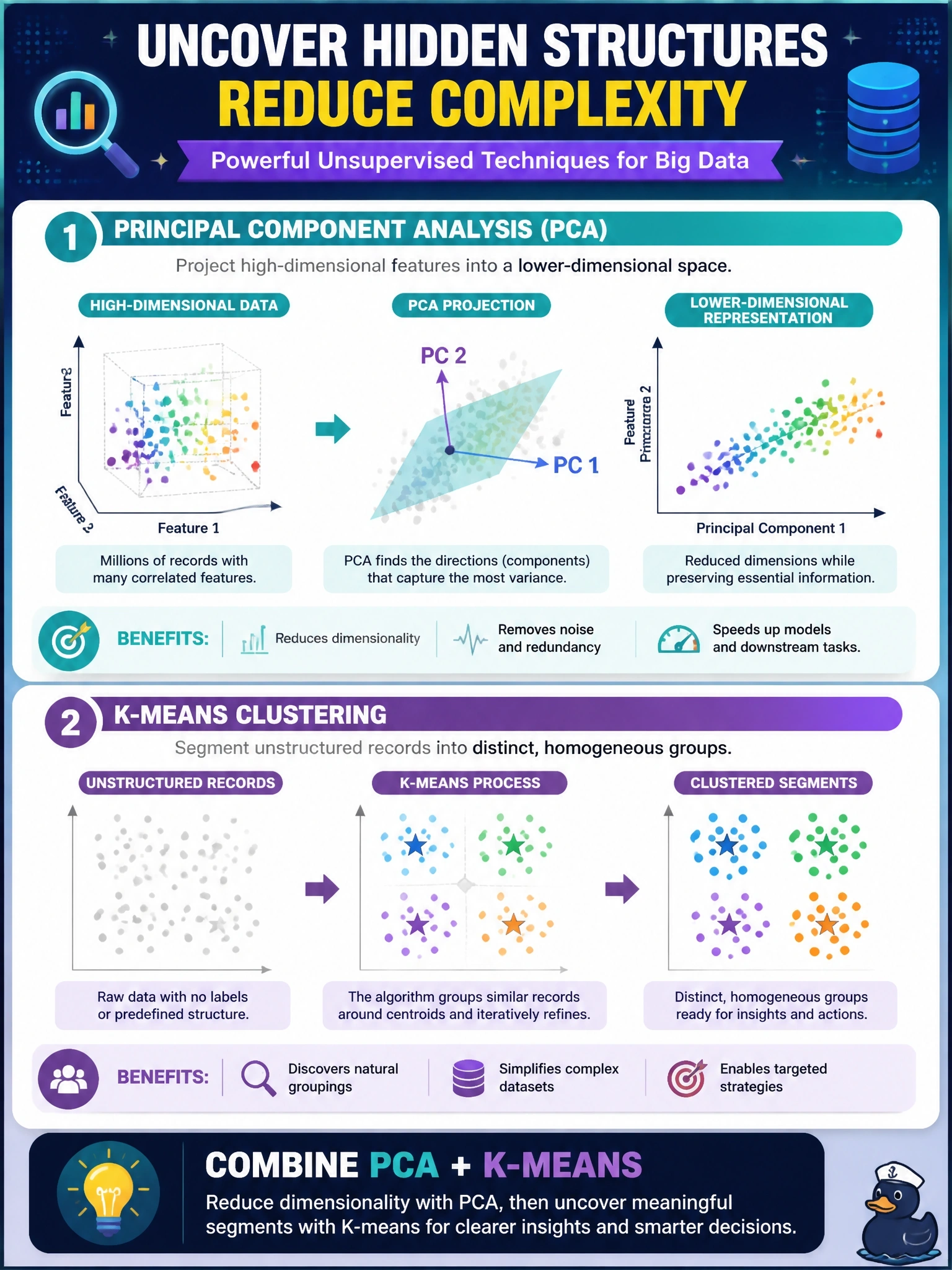 To Create an exciting colorful infographic that explains the concepts in the question: Question: Your engineering team has compiled a massive dataset containing millions of multidimensional customer telemetry records. Before feeding this data into an AI model, you need to apply unsupervised data mining techniques to uncover hidden structures and reduce the complexity of the feature space. Which two techniques are most effective for these tasks? (Choose two) Correct Answer: Use Principal Component Analysis (PCA) to project high-dimensional features into a lower-dimensional space.; Implement K-means clustering to segment the unstructured records into distinct, homogeneous groups. Put EVERY visible label in double quotes. No people. No A/B/C/D letters. In one of the four corners put a little "Navy Duck".