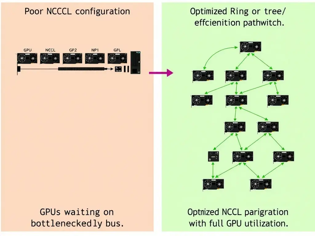 Diagram comparing poor NCCL configuration (GPUs waiting on a bottlenecked bus) with optimized NCCL configuration (efficient, direct ring or tree communication pathways over NVLink/NVSwitch with full GPU utilization).