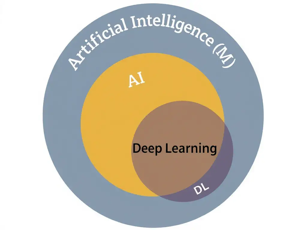 A diagram showing the nested relationship of AI, ML, and DL. An outer box represents Artificial Intelligence, an inner box represents Machine Learning, and the innermost box represents Deep Learning. Annotated arrows explain that DL uses multi-layer neural networks and automatic feature extraction, while ML focuses on learning from data, and AI is the broad parent domain.