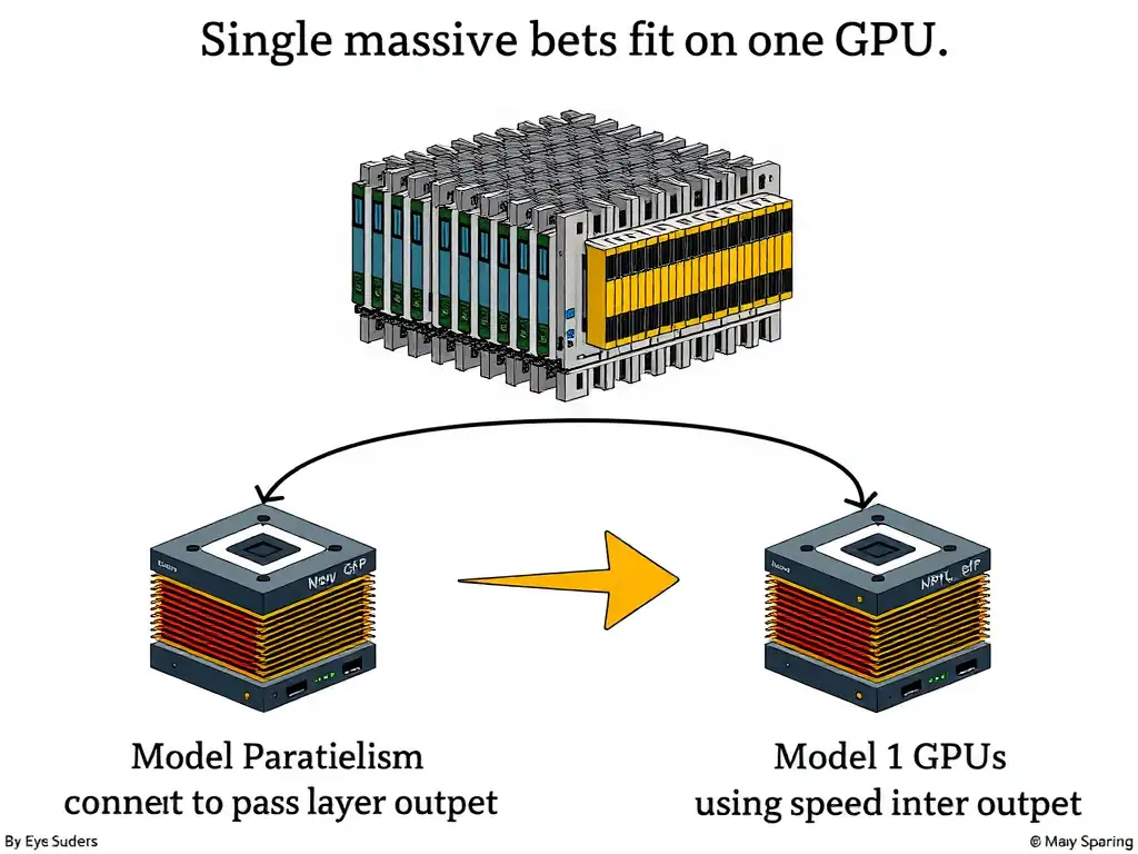 Diagram showing a single massive deep learning model that cannot fit on one GPU, contrasted with the model partitioned across two GPUs (Model Parallelism) using high-speed interconnects to pass layer outputs.